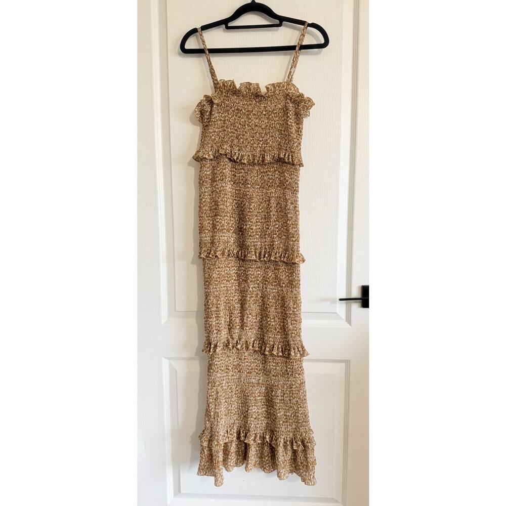 Mable Size Small Mustard Leaf Print Ruffle Tiered Smocked Fitted Midi Dress - Picture 9 of 16